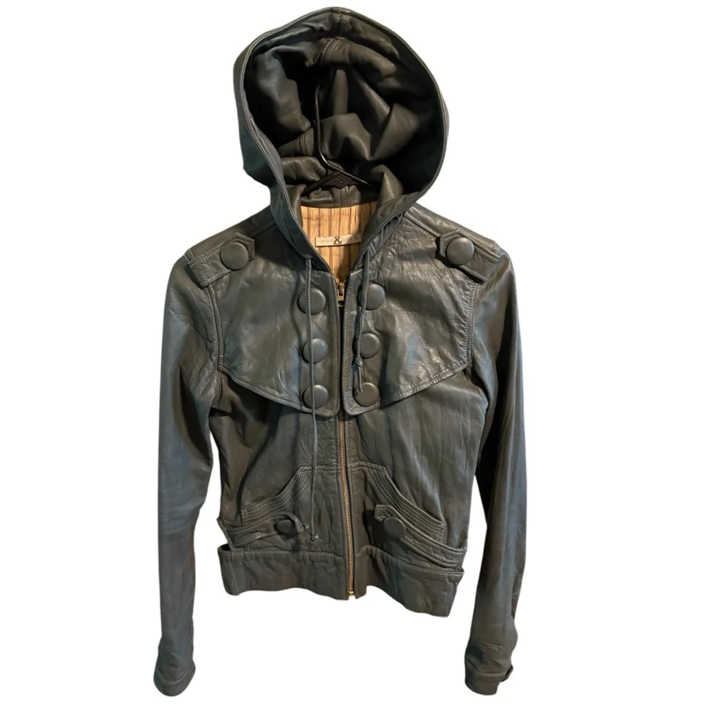 🛑SOLD🛑Mike & Chris VTG Rupert Double Breasted Hooded Grey Leather Jacket S - Picture 3 of 10